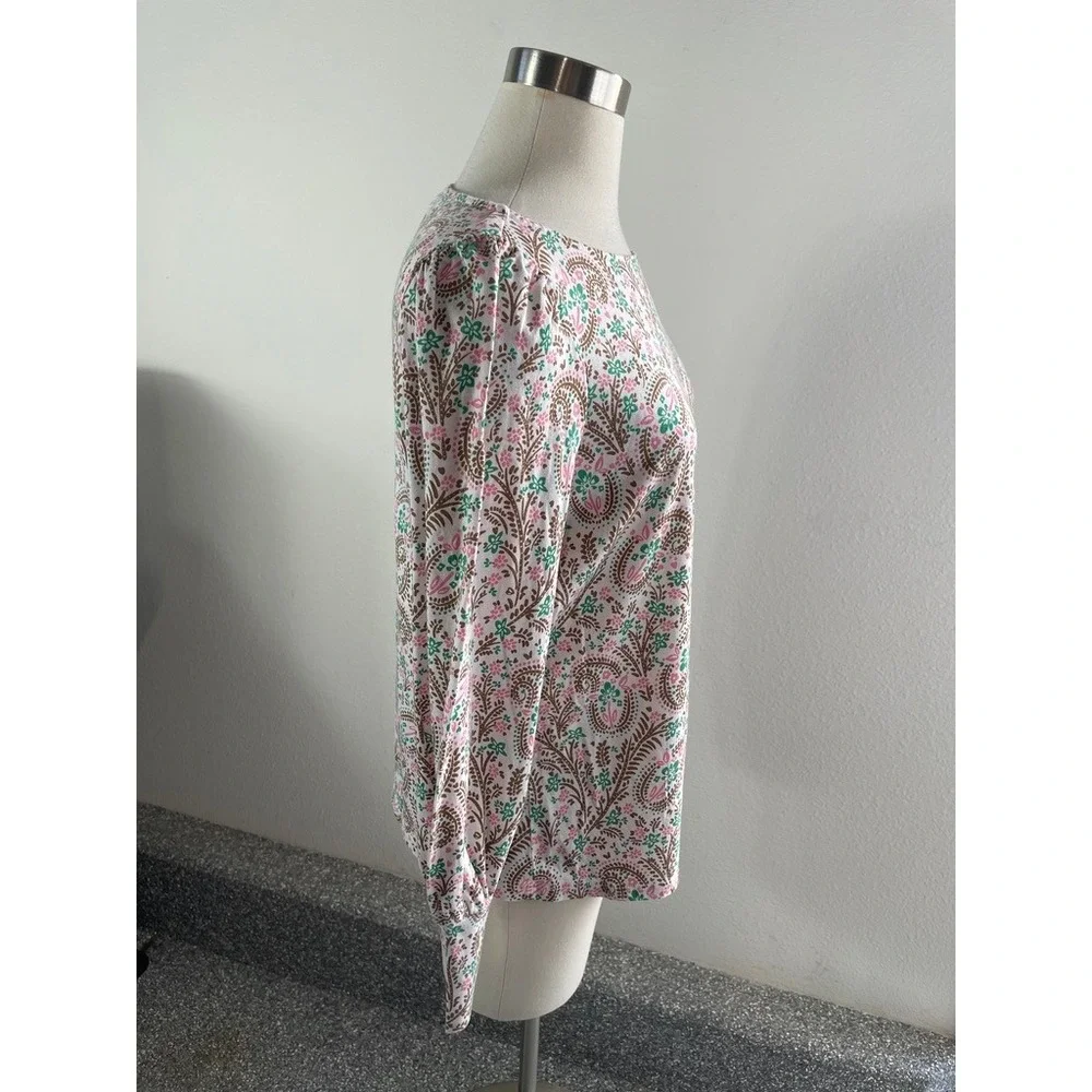 Boden Womens 12 Floral Paisley Puff Sleeve Jersey Top Pink Green Long Sleeve